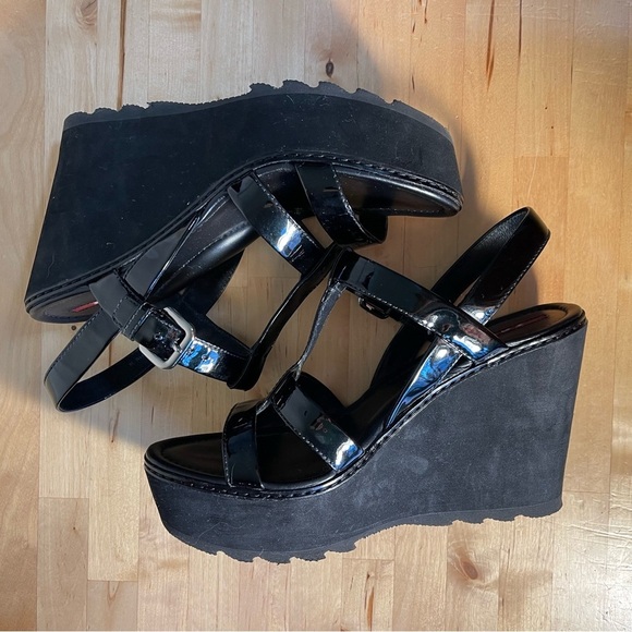 Prada Sport Black Patent Leather Wedge Platform Ankle Strap Sandals Size 39 - Picture 7 of 15